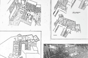 Insieme della rappresentazione del complesso edilizio su piazza di S. Vittoria costituito dal Palazzo Baronale, dal Palazzetto Brancaccio e dalla Chiesa di Santa Vittori; piante e vedute assonometriche di progettoassonometr. T