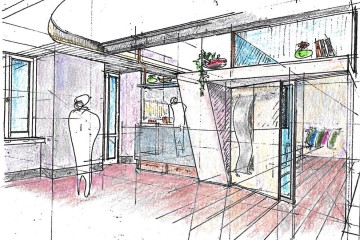 Ristrutturazione, arredo e allestimento abitazione, elementi di peculiarità a forte  caratterizzazione ambientale a mezzo di volumi con pareti curve e colori dirompenti.  Appartamento in Roma. Area soggiorno-studio